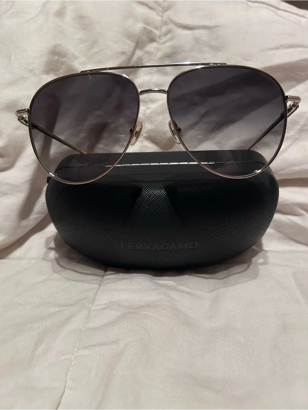 Salvatore Ferragamo Silver Metal Aviator Sunglasses with Gray Gradient Lenses